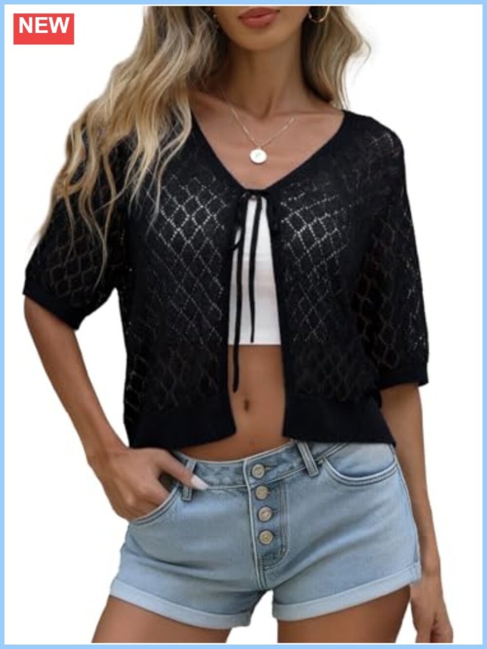 Womens Crochet Cardigan Tie Front Long Sleeve Shrug Sweater